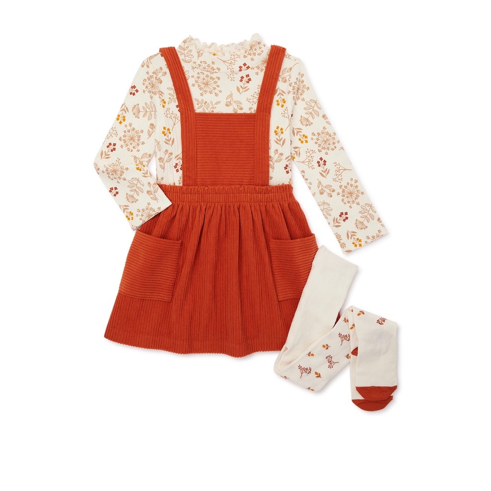Toddler Girl Pinafore, Top and Tights Outfit Set, 3-Piece, Sizes 2T, 4T
